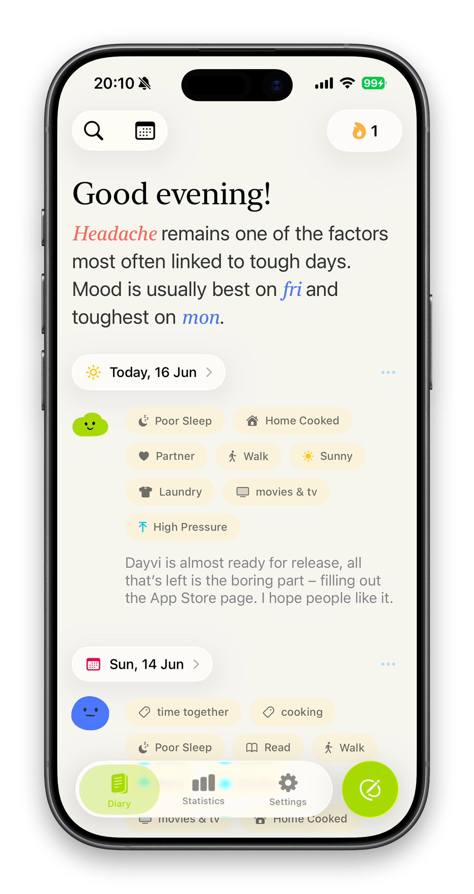 Dayvi journal on iPhone