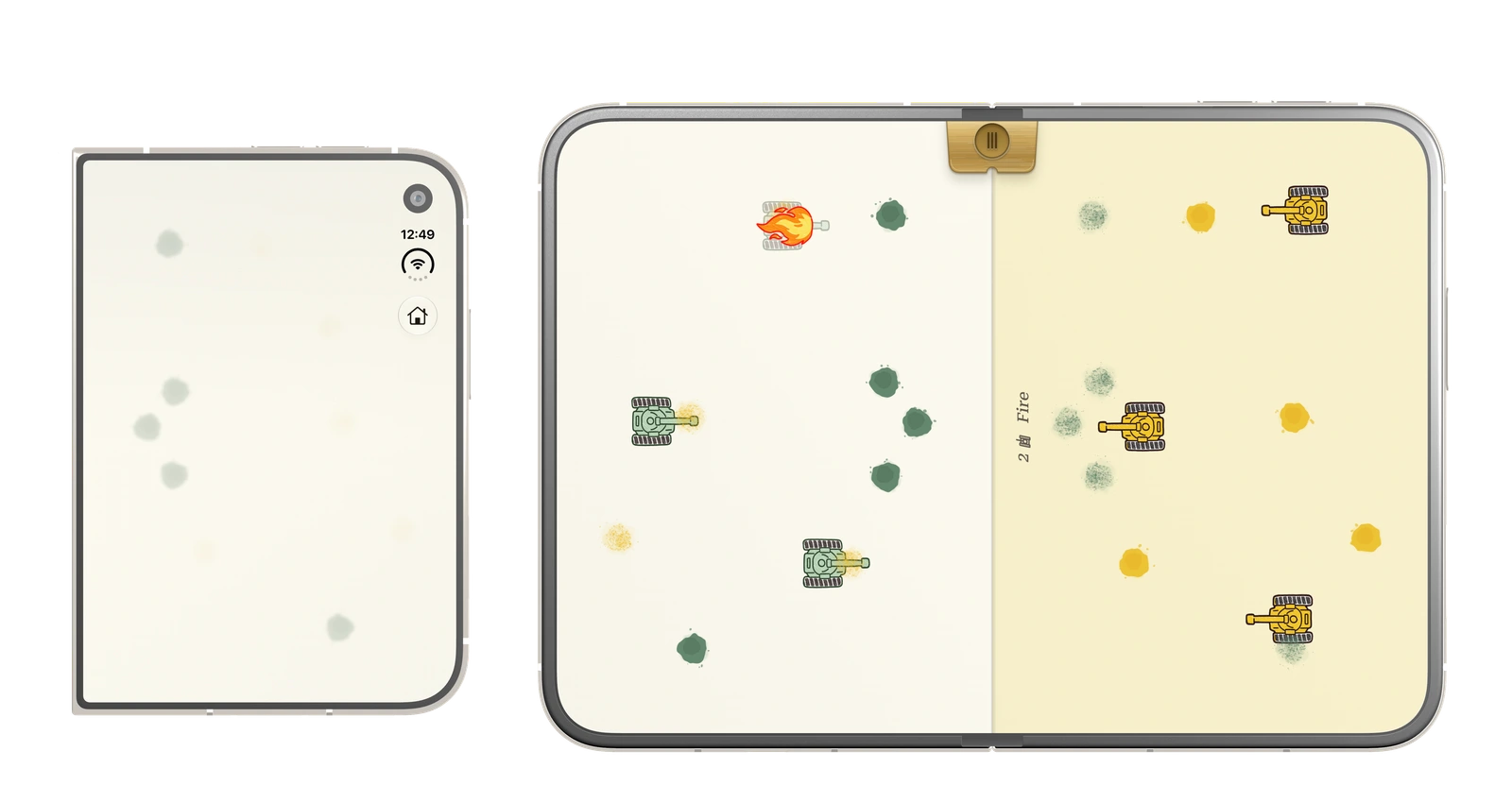 FoldFire during a game: the folded sheet on iPhone Duo’s outer display beside a two-player tank battle on the open device