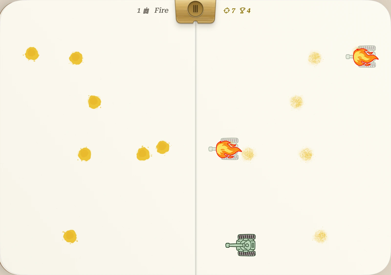 A solo battle with ink marks and burning tanks.
